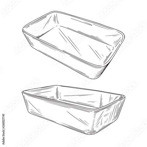 Sketch different types of baking pans isolated on white background. Vector