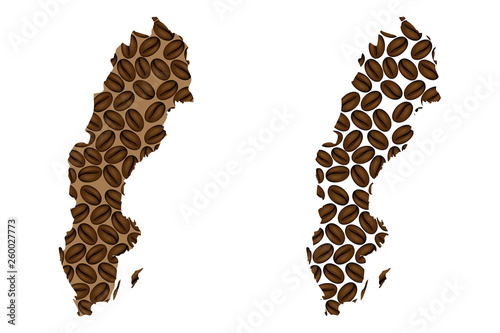 Sweden -  map of coffee bean, Kingdom of Sweden map made of coffee beans, photo