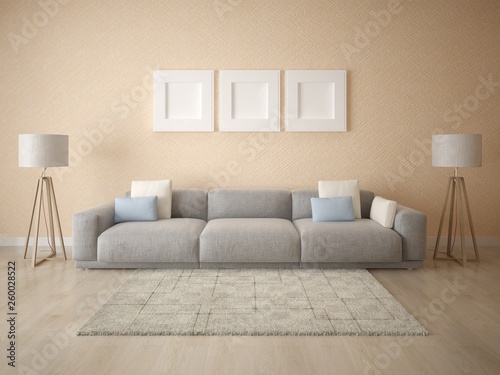 Mock up a stylish living room with a classic comfortable sofa and a bright hipster backdrop.