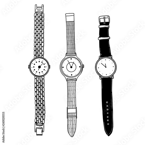 Realistic sketch of a watch. Set of different watches.