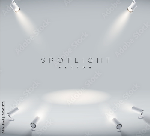 Set spotlights realistic with bright white light shining stage vector set. Illuminated effect form projector, projector for studio. Minimalistic lamp in grey color eps 10