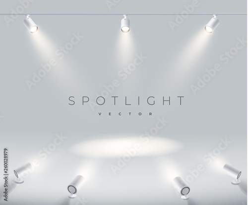 Set spotlights realistic with bright white light shining stage vector set. Illuminated effect form projector, projector for studio. Minimalistic lamp in grey color eps 10