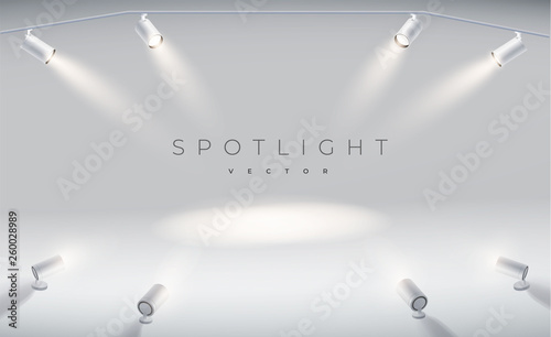 Set spotlights realistic with bright white light shining stage vector set. Illuminated effect form projector, projector for studio. Minimalistic lamp in grey color eps 10