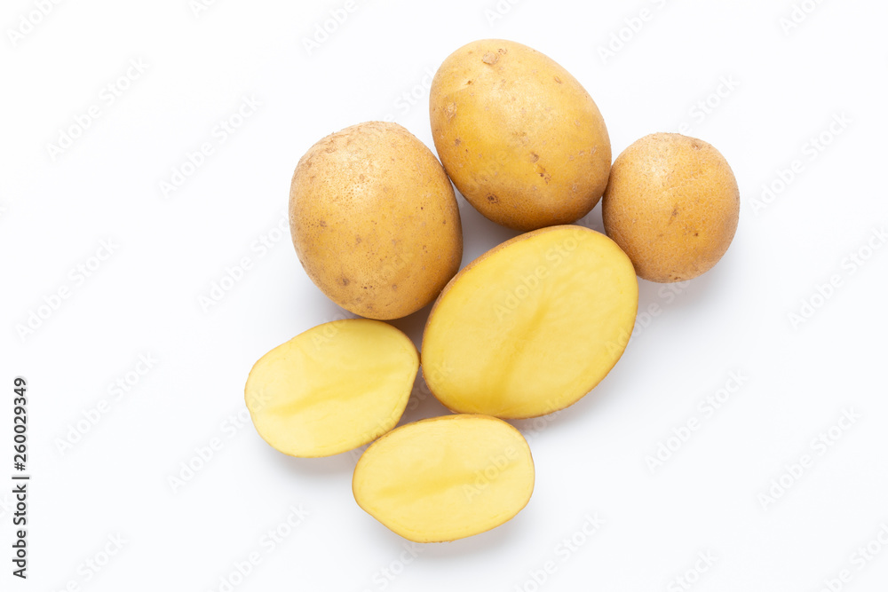 Potatoes isolated on white background. Flat lay. Top view. Potatoes isolated on white background. Flat lay. Top view.