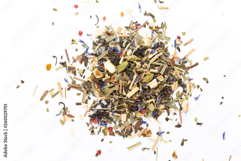 Herbal tea on a white background. Top view.