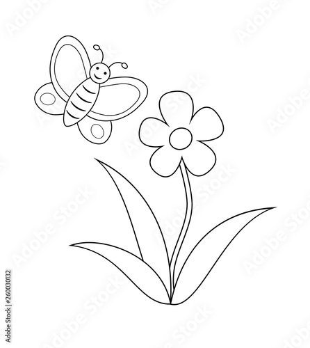 Flower with butterfly, coloring book page. Vector outline illustration.