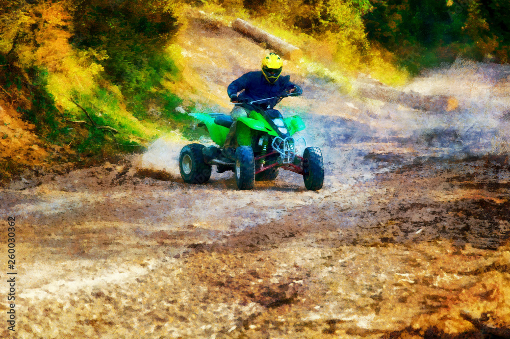 racer with yellow helmet on green quad enjoying his ride outdoors. Computer painting effect. racer with yellow helmet on green quad enjoying his ride outdoors. Computer painting effect.