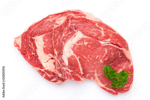 Fresh raw bio beef steak isolated on white background.