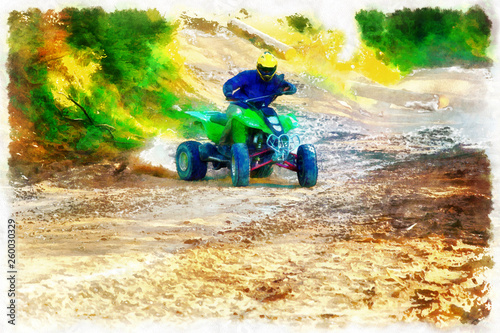 racer with yellow helmet on green quad enjoying his ride outdoors. Computer painting effect. photo