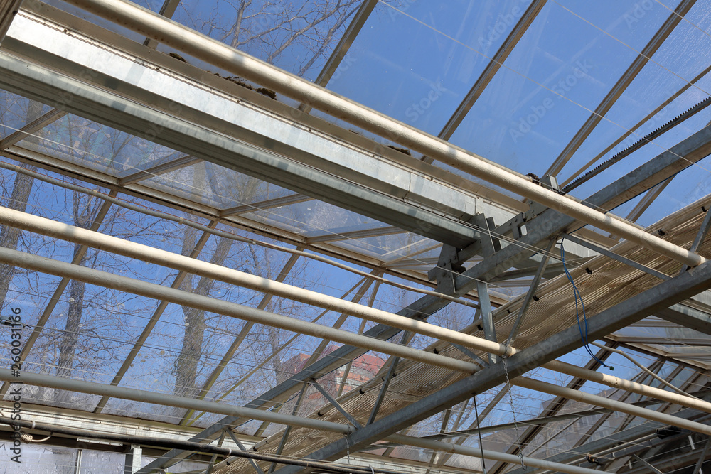 Fototapeta premium The construction of the steel beams and metal pipes