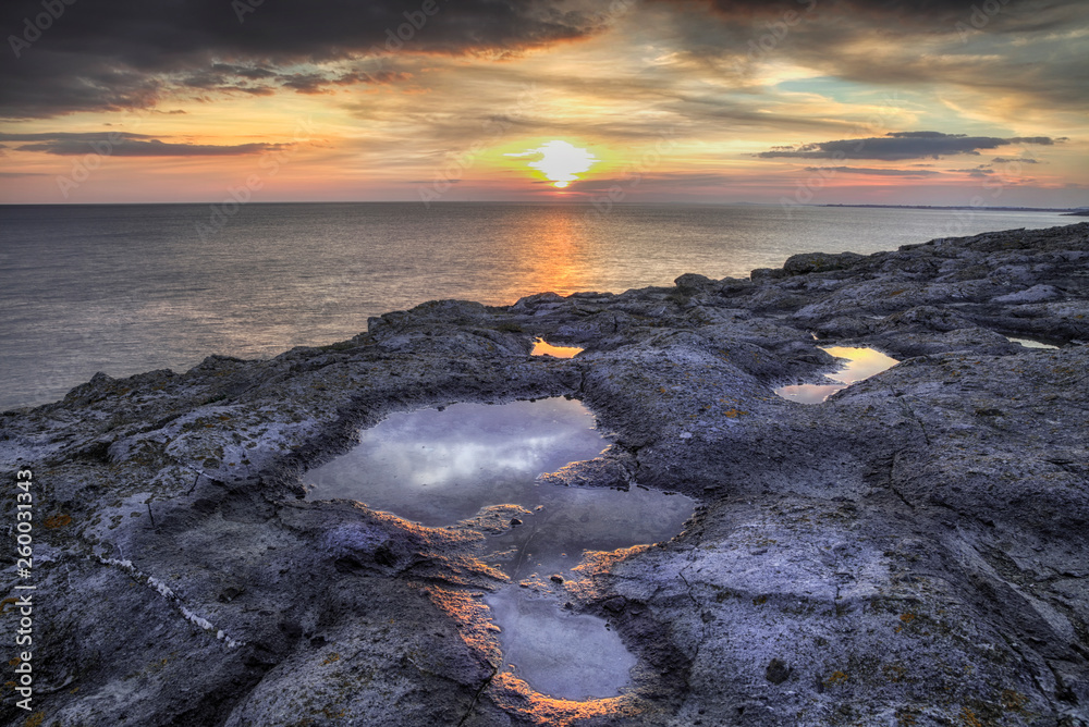 Sunset at Witches Point at Dunraven bay on the Welsh Heritage Coast, South Wales, UK