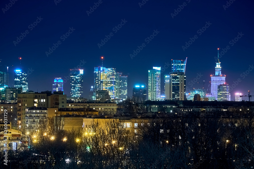 Beautiful, amazing panoramic view of Warsaw (Poland) with skyscrapers and a Palace of Culture and Science during spring flowering at night