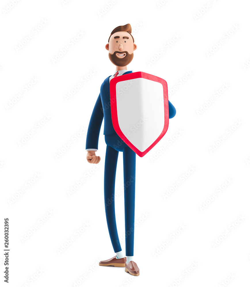 3d illustration. Businessman Billy with shield. Safety and protection in business
