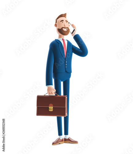 3d illustration.Businessman Billy with a case talking on phone.