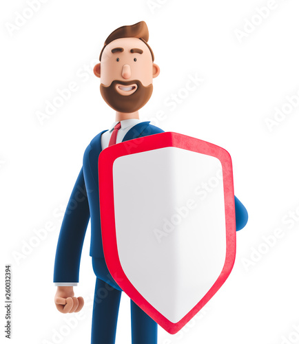 3d illustration. Businessman Billy with shield. Safety and protection in business