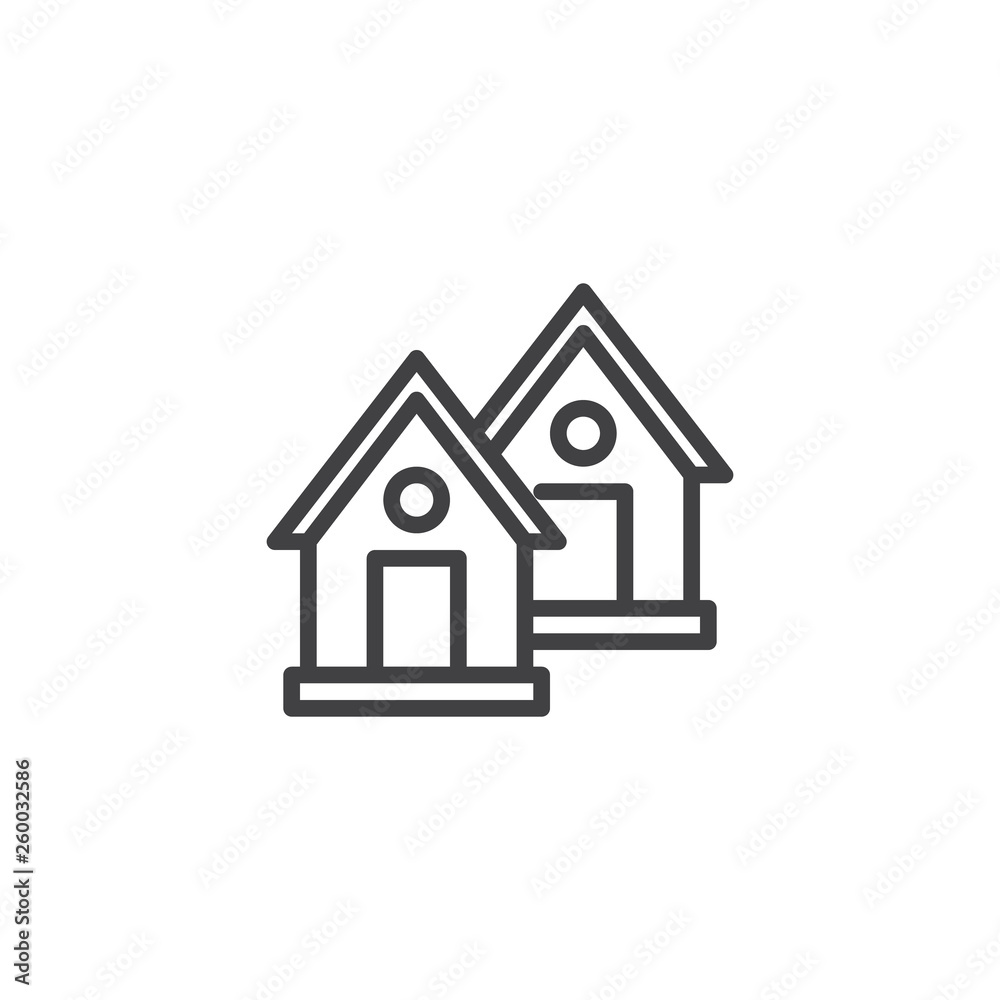 Two houses line icon. linear style sign for mobile concept and web design. Two small village houses outline vector icon. Symbol, logo illustration. Pixel perfect vector graphics Two houses line icon. linear style sign for mobile concept and web design. Two small village houses outline vector icon. Symbol, logo illustration. Pixel perfect vector graphics