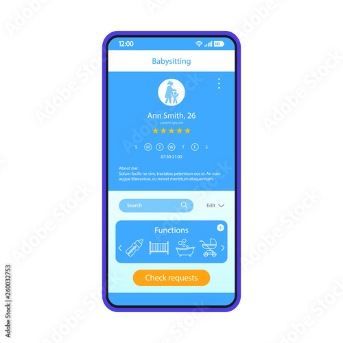 Babysitting application smartphone interface vector template