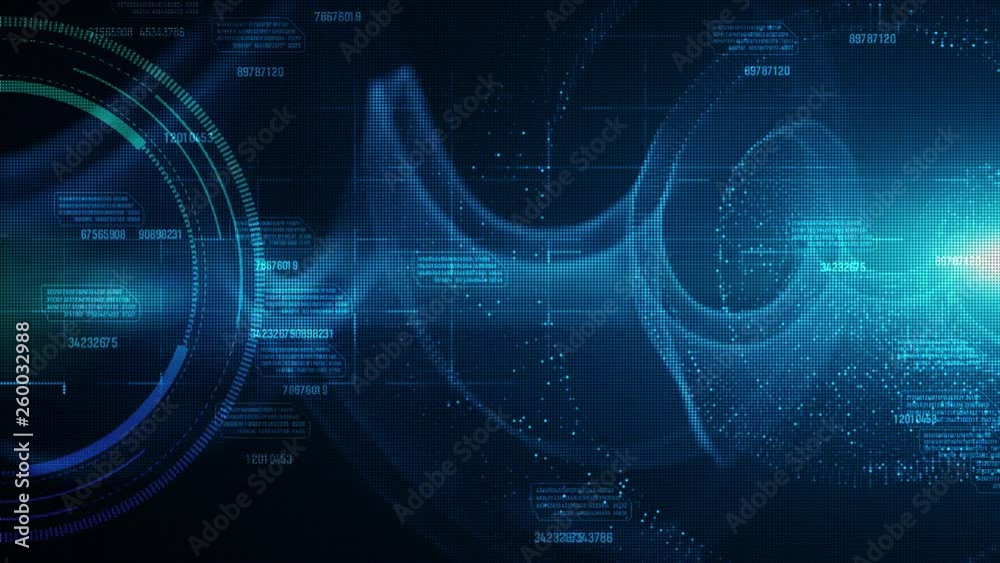 Hi-tech HUD and data with blue color digital particles flow future motion background concept