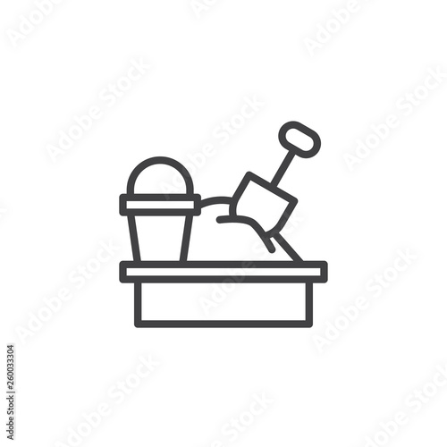 Sandbox and toys line icon. linear style sign for mobile concept and web design. Sandbox with spade and bucket outline vector icon. Recreation symbol, logo illustration. Pixel perfect vector graphics