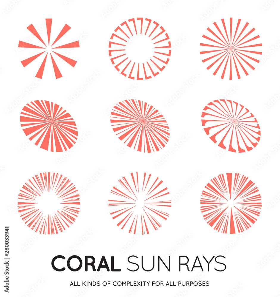 Set of Sunburst Vector Rays of Sun in Trendy Coral Color.