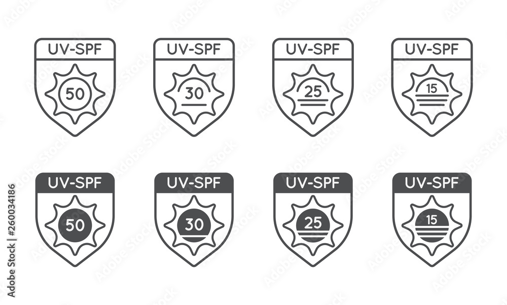 Set of Sun Protection UV Index, SPF 50, SPF 30, 25, 15 Vector Icons Collection. Set of Sun Protection UV Index, SPF 50, SPF 30, 25, 15 Vector Icons Collection.