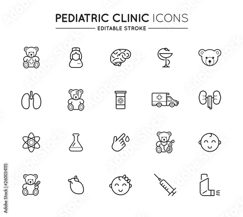 Outline icons set. Pediatric hospital clinic and medical care. Editable stroke. Vector.