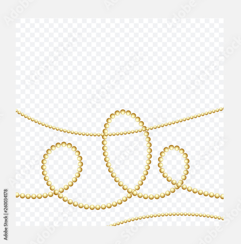 Golden or Bronze Color Round Chain. Realistic String Beads insulated. Decorative element. Gold Bead Design. Vector illustration.