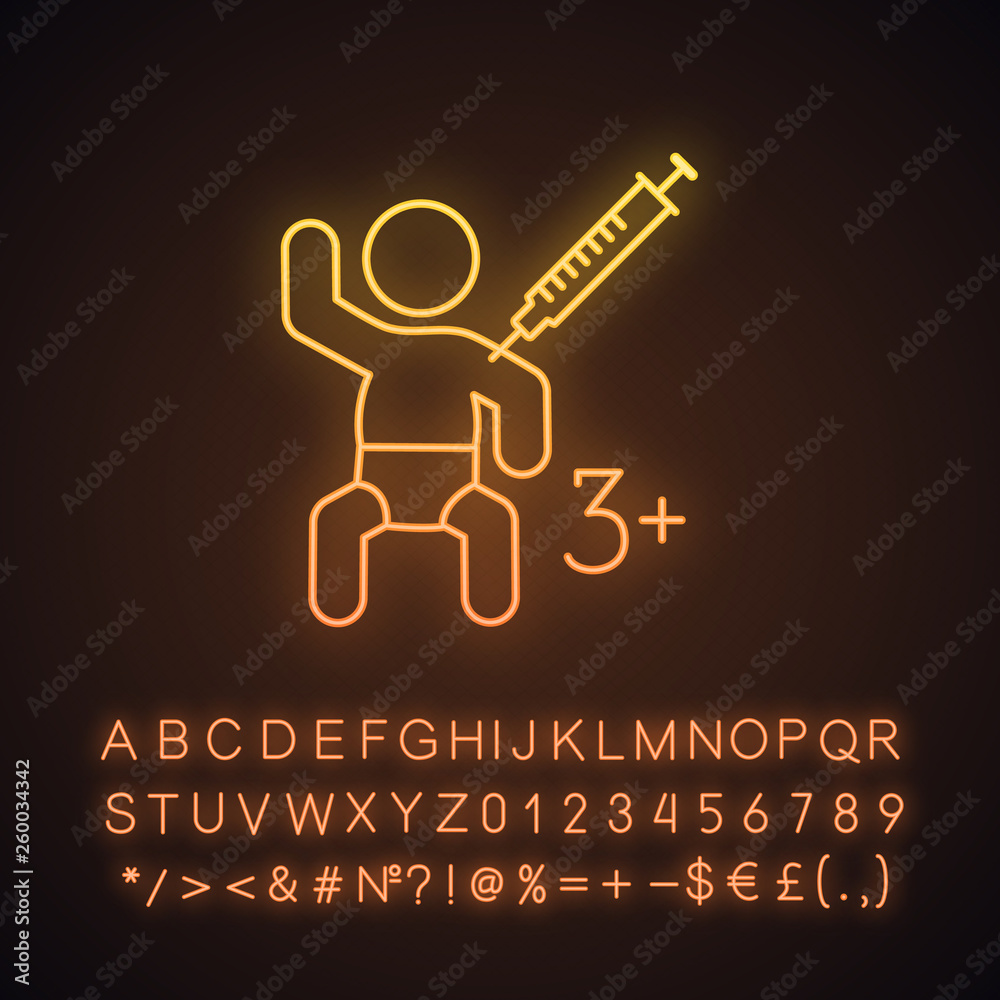 Injection in kid's arm neon light icon