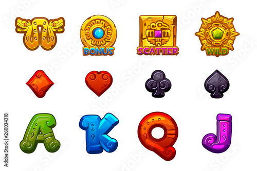 Cartoon MAYA Slots stone icons. Ancient Mexican mythology Vector symbols. Game casino, slot, UI. Set Icons on separate layers.