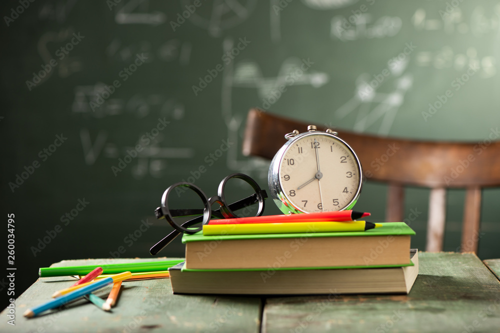 Back to school background with books and alarm clock Stock Photo ...
