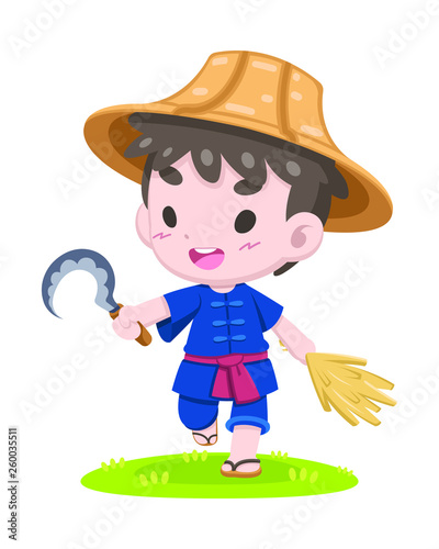 Cute cartoon style Thai farmer with sickle and ear of paddy walking relaxedly illustration