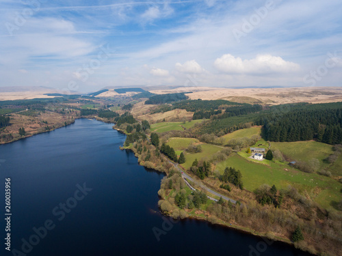 Aerial view of the Brecon Beacons National Park on a Spring moring in Wales, UK