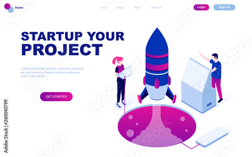 Modern flat design isometric concept of Startup Your Project decorated people character for website and mobile website development. Isometric landing page template. Vector illustration.