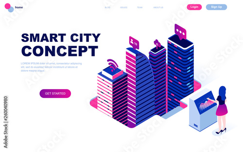 Modern flat design isometric concept of Smart City Technology decorated people character for website and mobile website development. Isometric landing page template. Vector illustration.