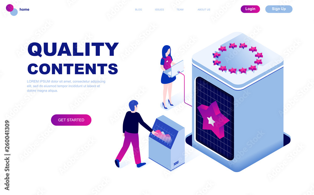 Modern flat design isometric concept of Quality Content decorated people character for website and mobile website development. Isometric landing page template. Vector illustration. Modern flat design isometric concept of Quality Content decorated people character for website and mobile website development. Isometric landing page template. Vector illustration.
