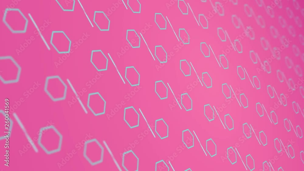 3D animation background with enlarge rotating hexagon and moving lines. Pink and blue 3D animation background with enlarge rotating hexagon and moving lines. Pink and blue