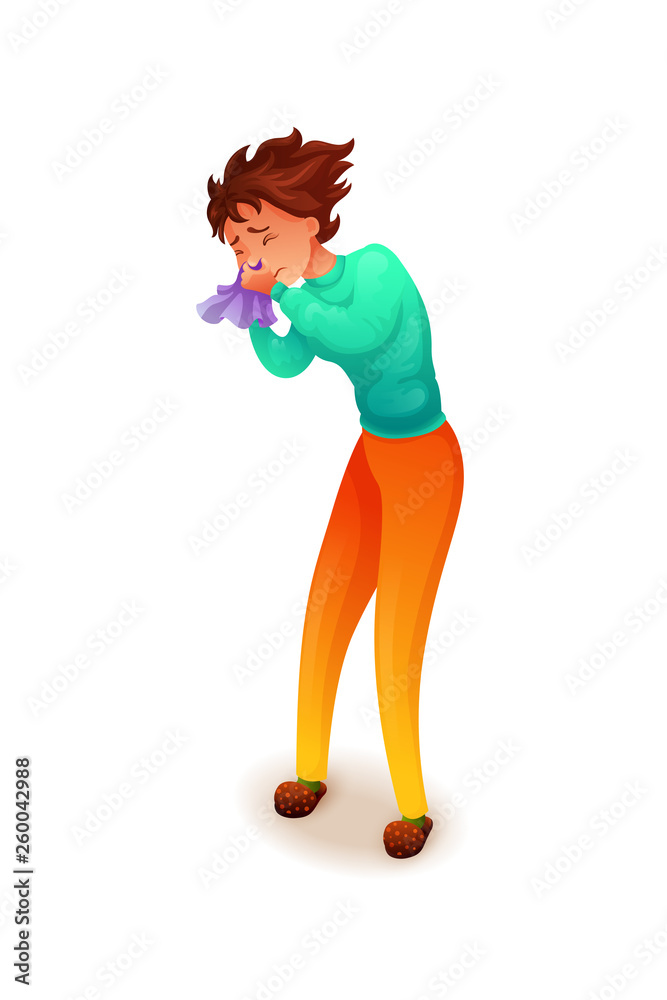 Young woman sneezing flat character Young woman sneezing flat character