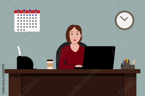 Caucasian woman sitting at table and working in office. Vector illustration.