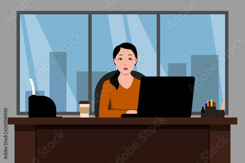 Asian woman sitting at table and working in office. Vector illustration.