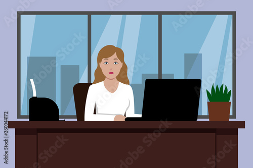 Caucasian woman sitting at table and working in office. Vector illustration.