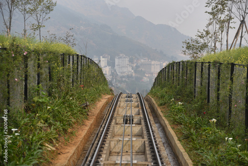 Train to Fansipan peak in morning fog from sapa railway station Sapa,vietnam