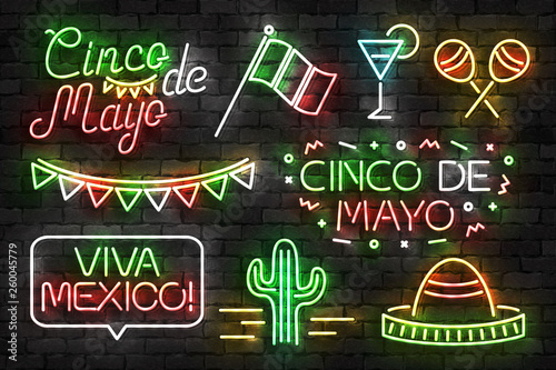 Vector set of realistic isolated neon sign of Cinco De Mayo logo for template decoration and invitation covering on the wall background. Concept of Viva Mexico.