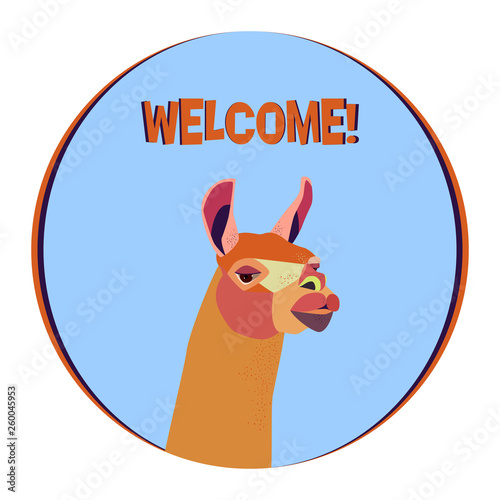 Lama logo template. Background for zoo, tourism, souvenir, invitation card, advertising. Stylized animal character of South America. Lama, vicuna, alpaca, guanaco. Vector illustration.
