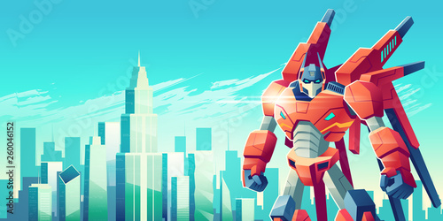 Powerful transformer robot warrior standing with clenched fists on background of modern city skyscrapers towers cartoon vector illustration. Alien soldier protecting metropolis concept with copyspace