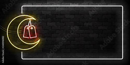 Vector realistic isolated neon sign of Ramadan Kareem Sale frame logo for template decoration and discount offer covering on the wall background.