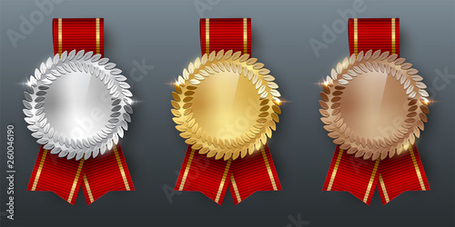 Award golden, silver and bronze medals with ribbons 3d realistic vector color illustration on gray background
