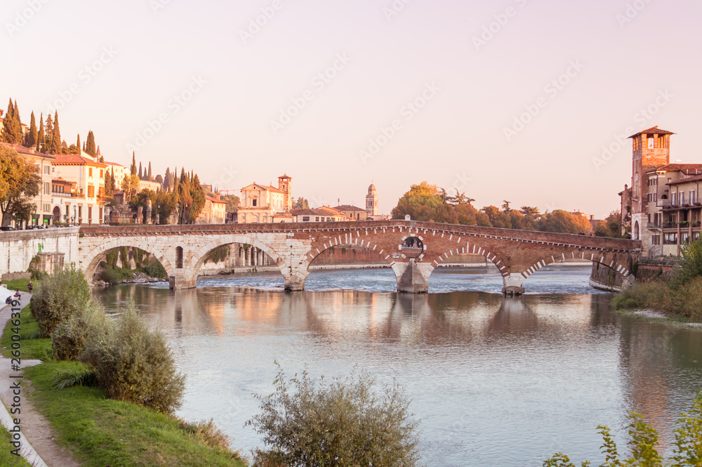 View of Ponte Pietra at sunset, Verona