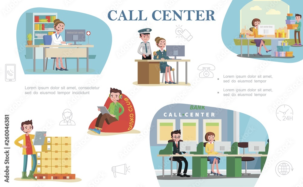 Flat Call Center Colorful Composition