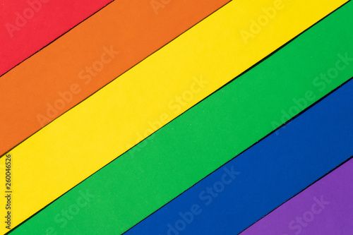 Horizontal. Multicolored striped flag LGBT, located on the diagonal, showing love without borders and rules. View from above