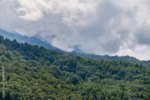 High mountain with green slopes hidden in clouds and fog.